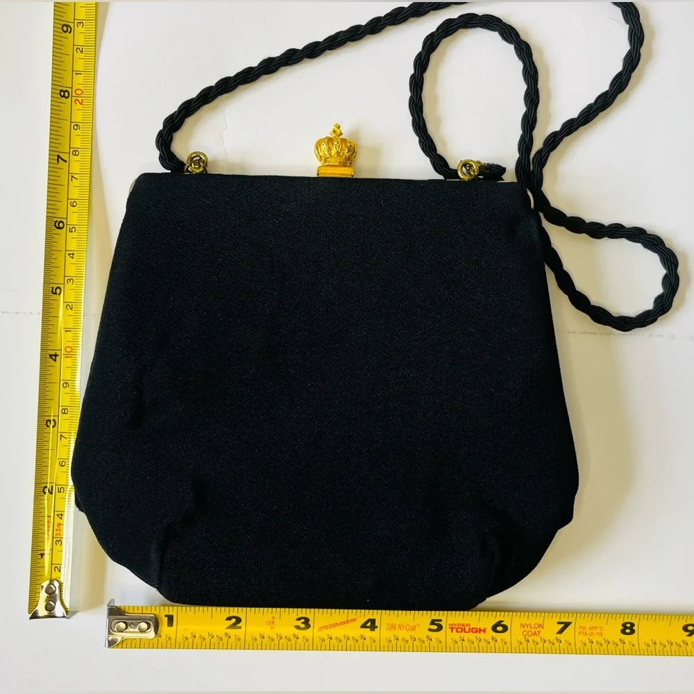 Black canvas purse with gold crown detail 80s 90s evening bag